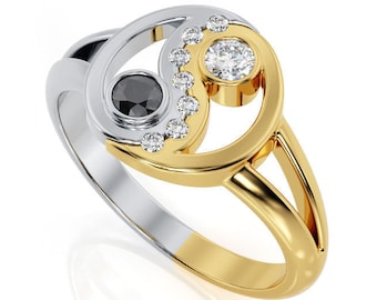 Dualism Yin Yang Ring *Moissanite/Onyx With 10k/14k/18k White, Yellow, Rose Green Gold, Gold Plated & Silver* Philosophy Peace Chinese Gift