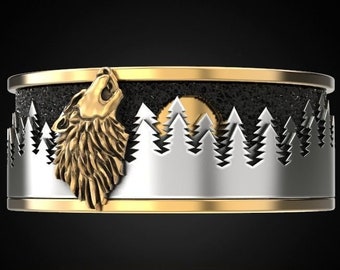 Howling At The Moon Wolf Ring *10k/14k/18k White, Yellow, Rose, Green Gold, Gold Plated & Silver* Animal Forest Tree Werewolf Men Women