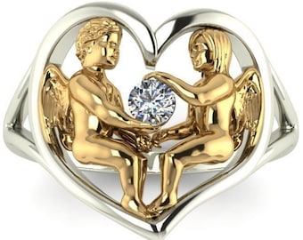 Pierścionek z sercem dla dzieci Angel *Moissanite z 10k/14k/18k białym, żółtym, różowym, zielonym złotem, pozłacanym i srebrem* Chłopiec Dziewczynka Dziecko Rodzina Miłość Chrystus