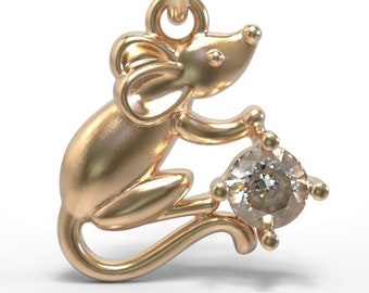 Basil Mouse Pendant *Moissanite With 10k/14k/18k White, Yellow, Rose, Green Gold, Gold Plated & Silver* Rat Animal Zodiac Charm Necklace