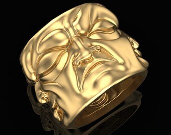 Split Personality Ring *10k/14k/18k White, Yellow, Rose, Green Gold, Gold Plated & Silver* Faces Happy Sad Surprised Angry Men Women Thumb