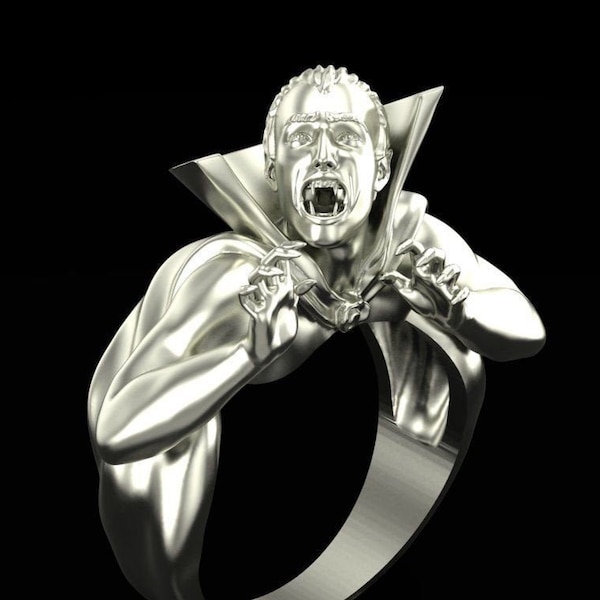 Dracula Vampire Ring *10k/14k/18k White, Yellow, Rose, Green Gold, Gold Plated & Silver* Biker Gothic Punk Demonic Fantasy Horror Men Thumb