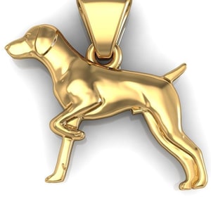 Può includere: Un ciondolo dorato a forma di cane. Il cane è in piedi su tutte e quattro le zampe con la testa girata di lato. Il ciondolo ha un anello nella parte superiore per attaccarlo a una catena.