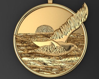 Majestic Seagull Pendant *10k/14k/18k White, Yellow, Rose, Green Gold, Gold Plated & Silver* Bird Sunset Water Ocean Wing Charm Necklace