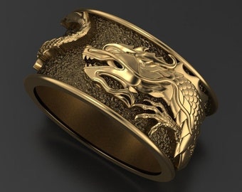 Dilong Dragon Ring *10k/14k/18k White, Yellow, Rose Green Gold, Gold Plated & Silver* Chinese Dragon Fantasy Mythical Scale LARP Thumb Pinky