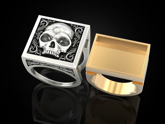 Skull Hidden Compartment Ring 10k 14k 18k White Yellow Rose
