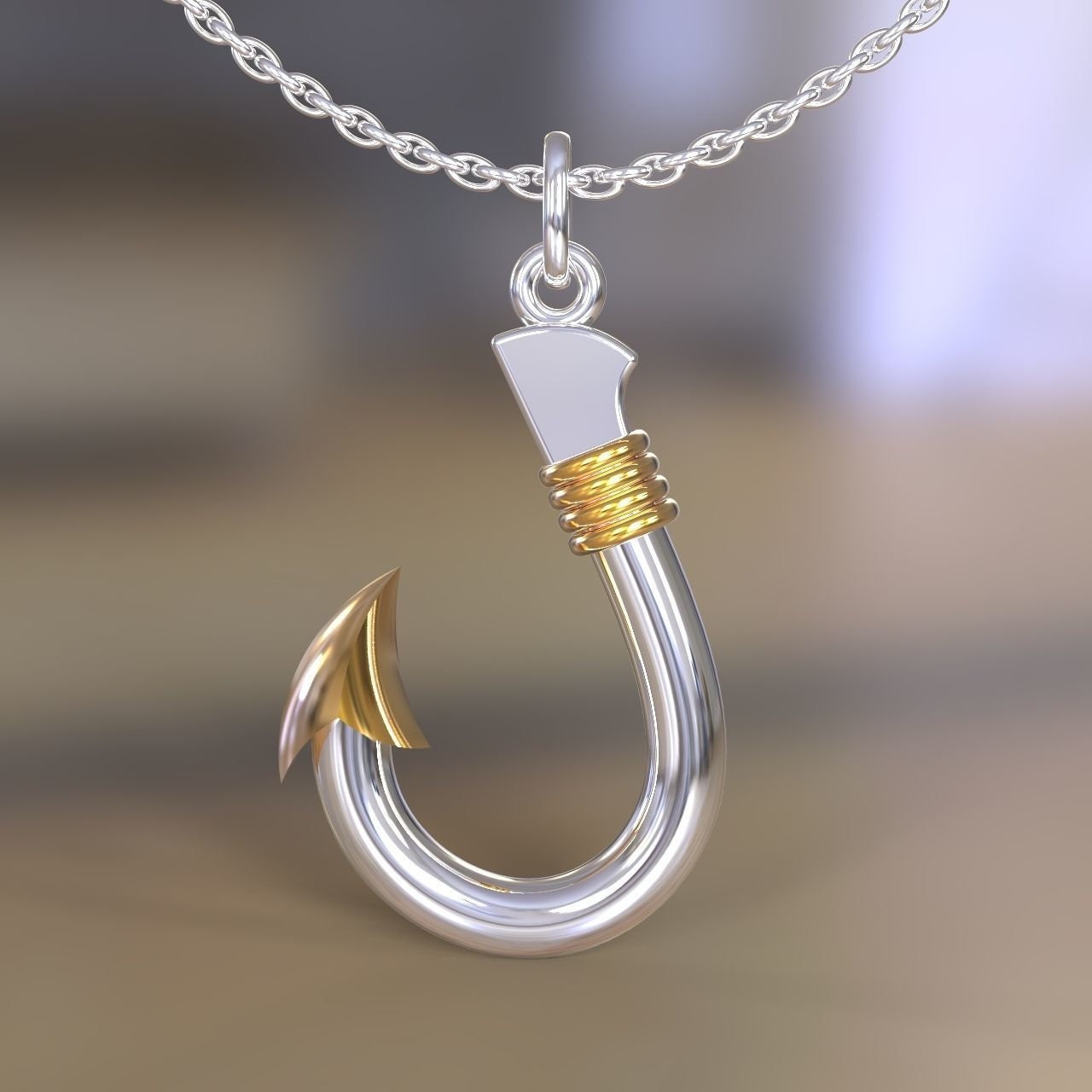 Perfect Cast Fishing Hook Pendant *10k/14k/18k White, Yellow, Rose, Green Gold and Silver* Fish Rod Fisherman Boat Ship Water Charm Necklace