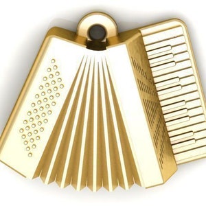 Könnte beinhalten: Ein goldfarbener Akkordeon-Anhänger mit detailliertem Design. Das Akkordeon hat einen Faltenbalg mit einer Reihe von Falten und eine Tastatur mit weißen Tasten.