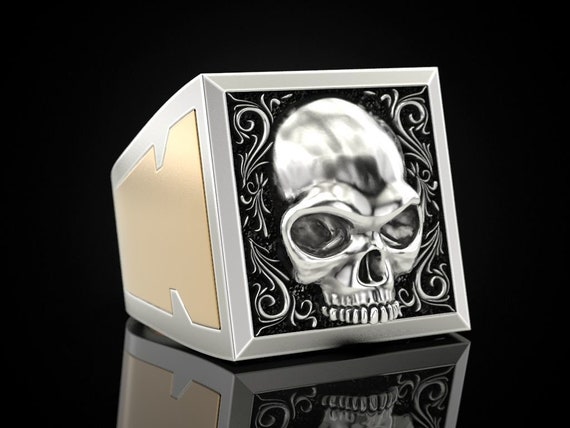 Skull Hidden Compartment Ring 10k 14k 18k White Yellow Rose