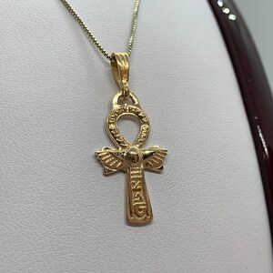 14K Gold Egyptian Ankh Cross Charm Pendant With 1.4mm Round Wheat Chai