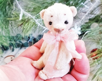 Artist Miniature white teddy bear Christmas gift, ooak doll, artist bear miniature, Teddy bear animal toy, miniature figure teddy bear