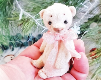 Weißer Miniatur-Teddybär, Künstler OOAK-Puppe, Weihnachtsgeschenk