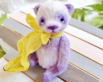 Artist lilac teddy panda bear for Christmas gift, purple panda miniature, Ooak teddy bear doll, stuffed panda toy