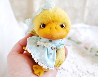 Artist teddy duckling, Lady Duck toy, teddy bear duck, duck plush doll, ooak teddy, miniature stuffed duckling toy