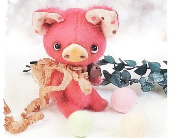Artist miniature teddy bear piggy, Stuffed pig toy, Christmas gift, ooak doll teddy bear, plush animal,  stuffed pig animal