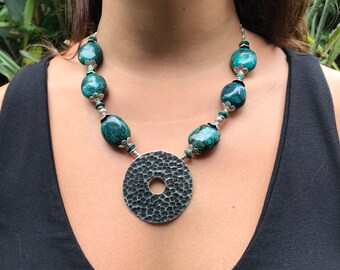 Stunning chunky genuine turquoise + Thai hill tribe silver beads and pendant, handmade necklace, December birthstone, Rustic. N625