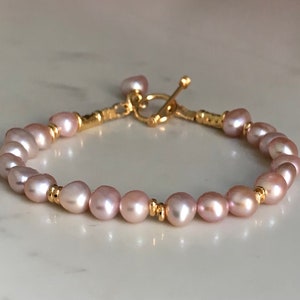 Pink pearls + Thai hill Tribe silver 24k gold vermeil bracelet, handmade bracelet, genuine freshwater pearls, quality pearls, B725