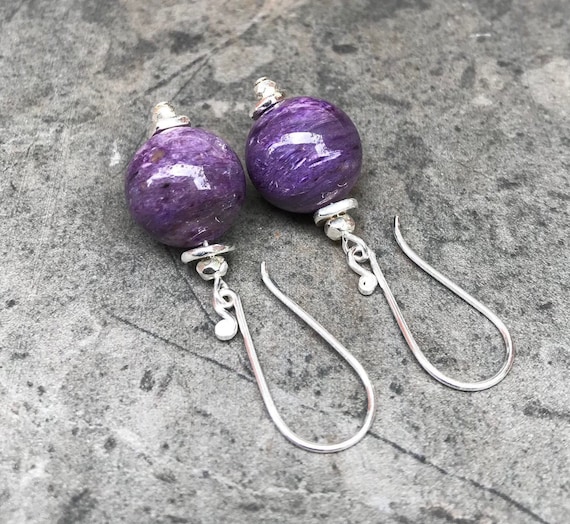 Charoite Thai Hill Tribe Silver Earrings, High Grade Charoite