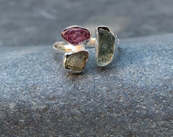 Silver Ring, multi coloured tourmaline stone ring, RING15