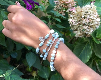 Larimar + Thai hill Tribe Silver bracelet, genuine and natural gemstone, handmade jewellery,gemstone jewellery.B492