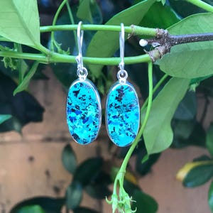 Puede incluir: Pendientes ovalados con un diseño moteado turquesa y azul. Los pendientes están engarzados en metal plateado y cuelgan de un gancho. La imagen muestra los pendientes sobre un fondo de hojas y ramas verdes.
