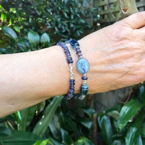 Stunning kyanite + iolite +Thai hill Tribe Silver, handmade bracelet, genuine and natural high grade gemstone. Meditation,communication B573