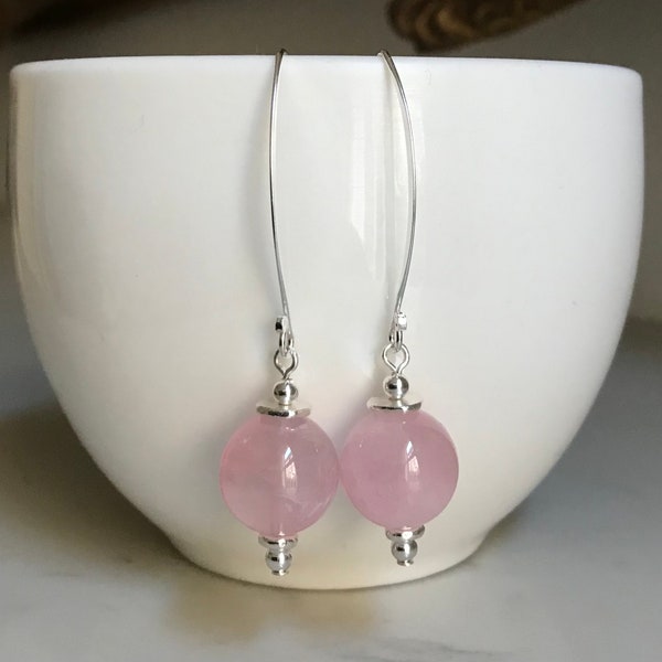 Rose quartz + Thai hill Tribe Silver handmade earrings, stone of healing and peace E804