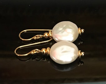 Coin shaped pearl + 24k gold vermeil earrings, ivory earrings, genuine freshwater pearl E675