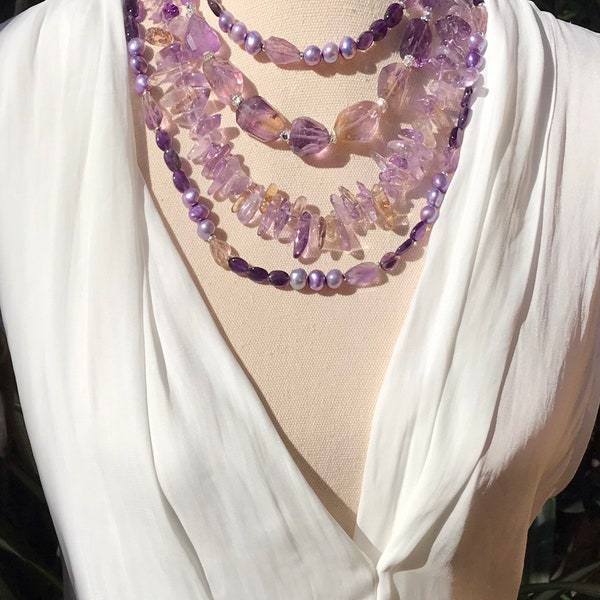 amethyst, ametrine & pearl + Thai hill Tribe, long necklace, genuine gemstone + pearls, handmade jewellery N514