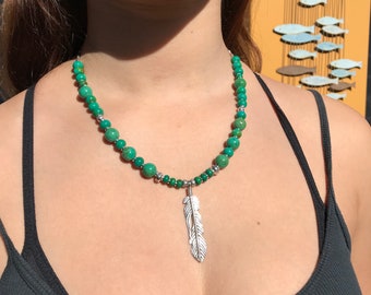Beautiful green turquoise + Thai hill Tribe Silver necklace with silver feather charm. Handmade turquoise jewellery, tribal jewellery N662