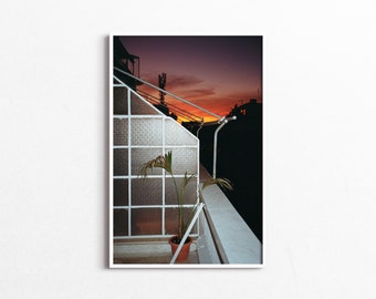 Ateny, Grecja, wydruk fotograficzny, balkon miejski, palma, zachód słońca