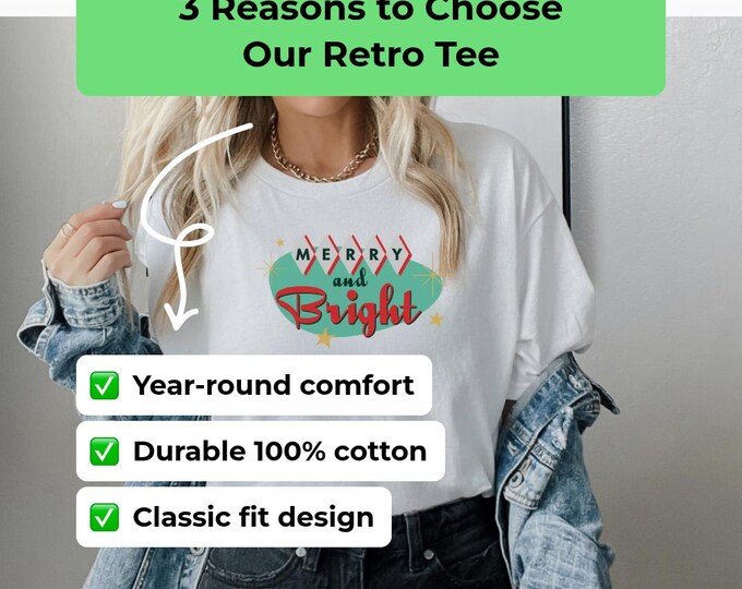 Retro Christmas Merry and Bright Cotton Tee Tshirt