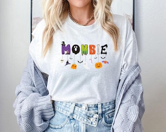 Halloween Mombie Tee, Halloween T-Shirt, Unisex Cotton Shirt, Ghostly Graphic Tee, Casual Fall Apparel, Fun Spooky Gift