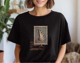 Vintage Butterfly Stamp Tee | Unisex Cotton Shirt, Retro Graphic T-Shirt, Casual Wear, Gift for Nature Lovers, Vintage Aesthetic Apparel