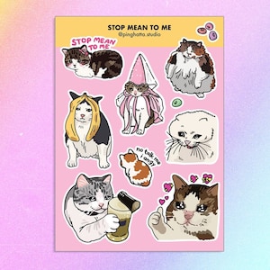 Hoja de pegatinas de gato triste y enojado: pegatina de gato llorando, gato con bucles, meme de gato llorando, meme de gato malo, gato gruñón, meme de gato gritando