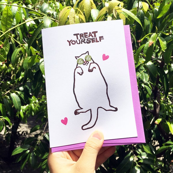 Treat Yourself cat card – modern spa cat, cucumber spa card, linocut cat self care card, take care card, queen diva white cat, linocut cat
