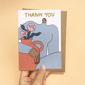 Danke blaue Dame und Rose Karte, moderne minimal feministische Karte, minimalistische Grußkarte, personalisierte Nachricht, Rosen für Sie Dankeskarte