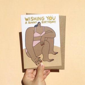 Ich wünsche Ihnen einen sonnigen Geburtstag, Sommer-Geburtstags-Strandkarte, Geburtstagswünsche, personalisierte Nachrichtenkarte, feministische minimalistische Grußkarte