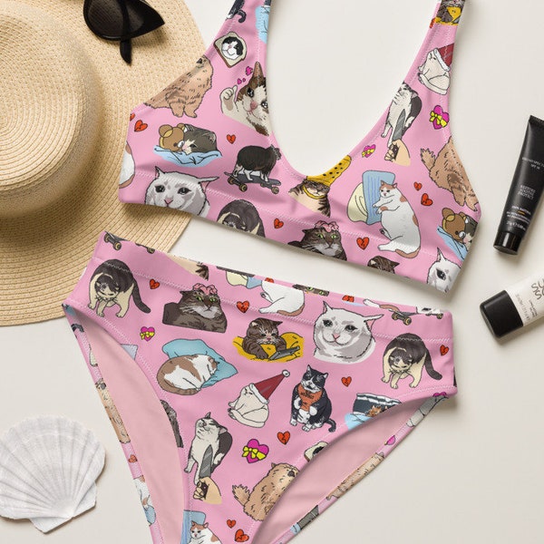 Sad Cat Meme Pink Cat bikini, kawaii cat Swimsuit, Cute cat bathing suit, witchy clothing cat bikini swimsuit