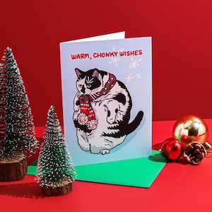 Desejos calorosos de Chonky, gato de Natal Chonky, gato de férias Chonky, cartão engraçado de gato de Natal, cartão de Natal com meme de gato, cartão engraçado de férias de gato