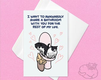 Tarjeta para compartir el baño con tu gato de forma incómoda: caca de gato juntos, divertida tarjeta de aniversario con meme de gato, tarjeta de baño de gato, divertida tarjeta de propuesta de gato