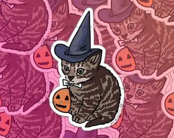 Mignon sorcière d’Halloween Cat citrouille mème Sticker - Cat Meme Sticker, kawaii cat meme, autocollants de bouteille d’eau de chat, autocollants d’ordinateur portable de chat mignon,