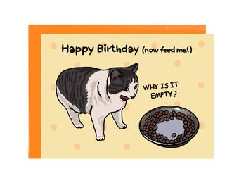 Feliz cumpleaños, ahora aliméntame: divertido gato gordo de cumpleaños, divertida tarjeta de cumpleaños de gato, por qué está vacío el meme del gato, tarjeta de cumpleaños meme, comida para gatos de cumpleaños