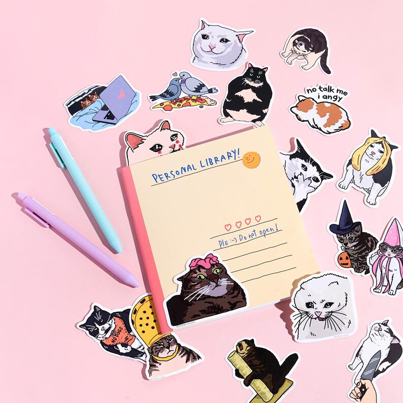 Op de afbeelding: Een verzameling katten-stickers met verschillende memes en illustraties. De stickers zijn op een roze achtergrond met twee pennen. De stickers bevatten onder andere een kat met een heksenhoed, een kat met een mes, een kat met een kroon, een kat met een pizza en een kat met een laptop. De stickers bevatten ook de tekst "Persoonlijke bibliotheek!" en "Alsjeblieft :-) Niet openen!"
