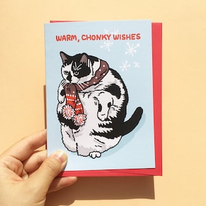 Warm Chonky Wishes, chonky christmas cat, chonky holidays cat, funny Christmas cat card, cat meme Christmas card, funny cat holidays card