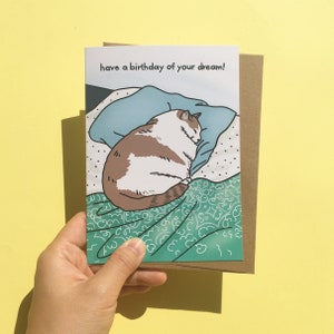 Cartão de aniversário dos seus sonhos - meme de gato triste, cartão de soneca de gato gordo, soneca de gato preguiçoso, desejo engraçado de aniversário, cartão de gato excêntrico, aniversário sonhador