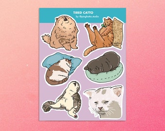 Tired Catto Sad Cat Meme Sticker sheet – fat cat lover sticker, meme sticker, crying cat meme, bujo cat sticker, crying cat meme sticker