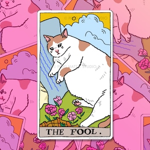 Tarot Cat The Fool Crying Cat meme Sticker – Cat Meme Sticker, sad cat meme, cat water bottle stickers, meme laptop stickers, tarot sticker