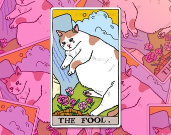Tarot Cat The Fool Crying Cat meme Sticker – Cat Meme Sticker, sad cat meme, cat water bottle stickers, meme laptop stickers, tarot sticker