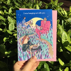 Sortir avec toi me manque - carte magique de champ de fleur de lune d'anniversaire, anniversaire de livres, anniversaire de pyjama, carte d'anniversaire de dame introvertie
